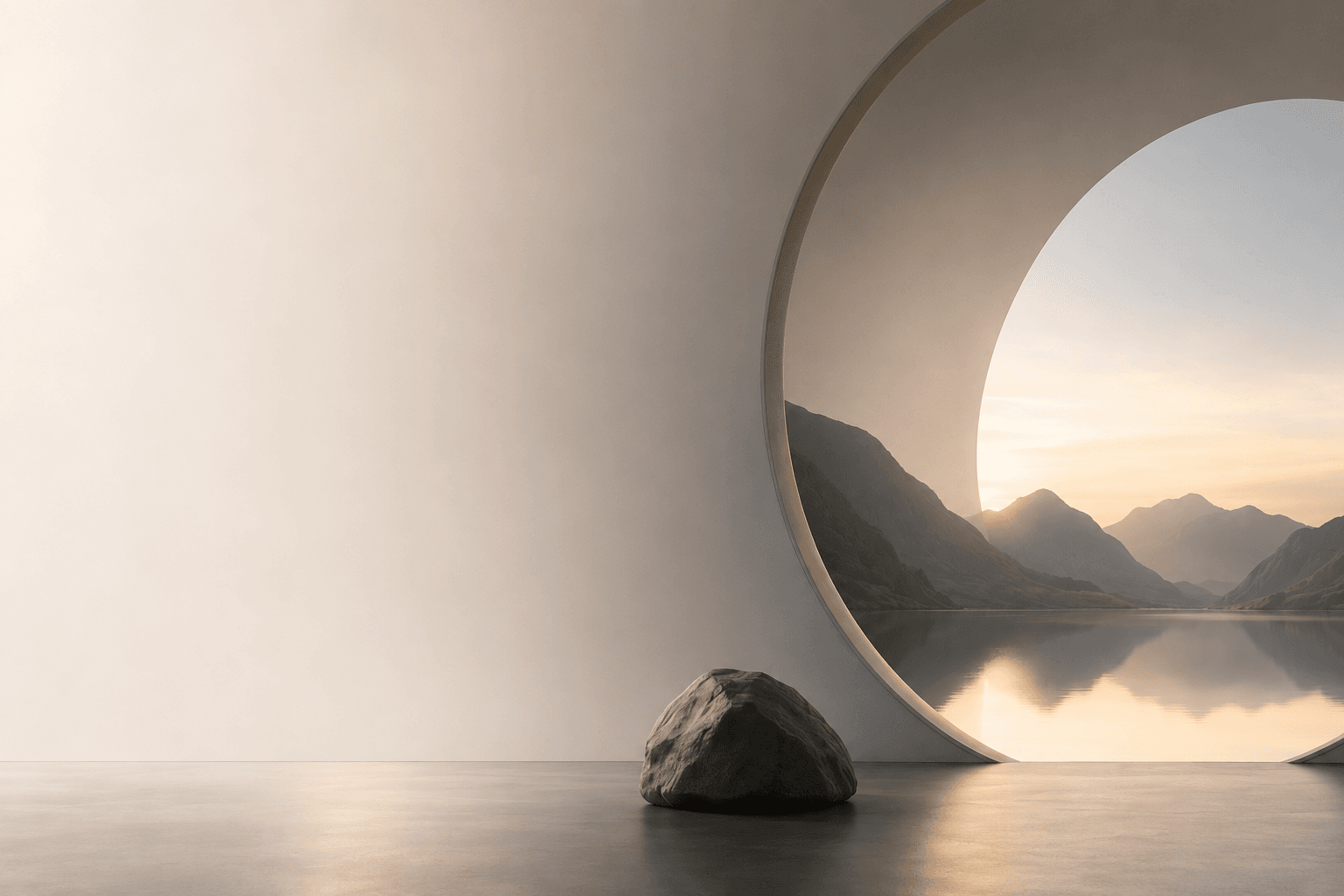 Quiet architectural room framing a mountain lake at sunrise